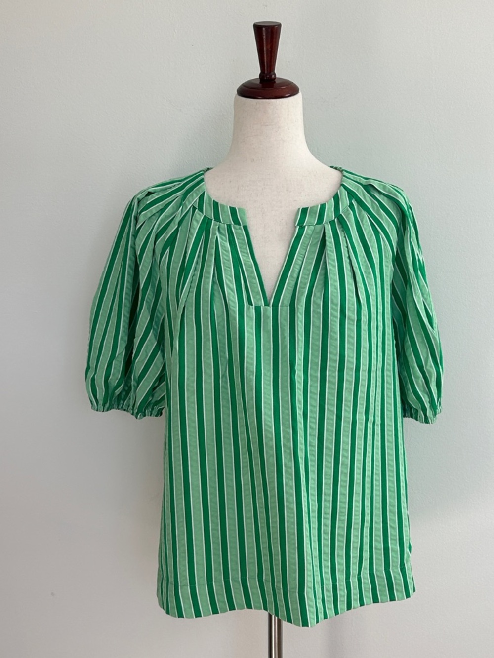 Jade Green and White Striped Split-Neck Blouse